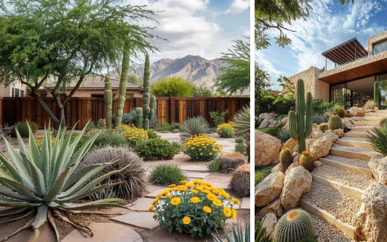 <Beautiful Home Services For You project depicting water-wise, drought-tolerant desert landscape in Tucson, AZ. This style of gardening, referred to as xeriscaping, uses plants adapted to arid conditions to conserve water.  On the right, this Hardscaping Project shows a striking desert design featuring a cactus garden. The design incorporates large rock retaining walls and stone pathways with many species of cacti integrated into the Xeriscaping.>