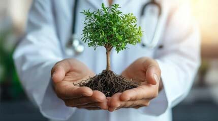 <Home Services For You shows one of our expert tree health doctors holding a small, healthy sapling with its roots exposed, symbolizing the concept of medical sustainability and care promoting environmental policies in the healthcare of your home landscape.>